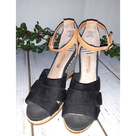 Sperry Top-Sider Striped Ankle Wedge - Black/White - Tan Leather - Picture 4 of 13